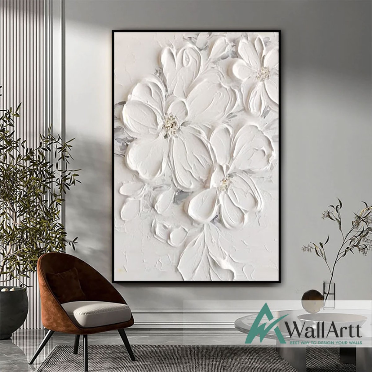 Embossed White Flowers 3d Heavy Textured Partial Oil Painting